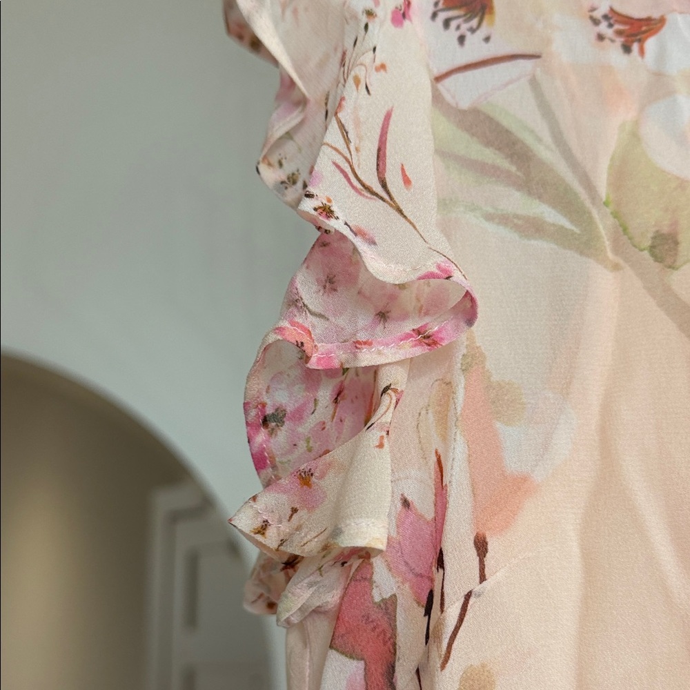 Twin-Set Pink Floral Tie-Neck Cap Sleeve Blouse - Picture 7 of 13